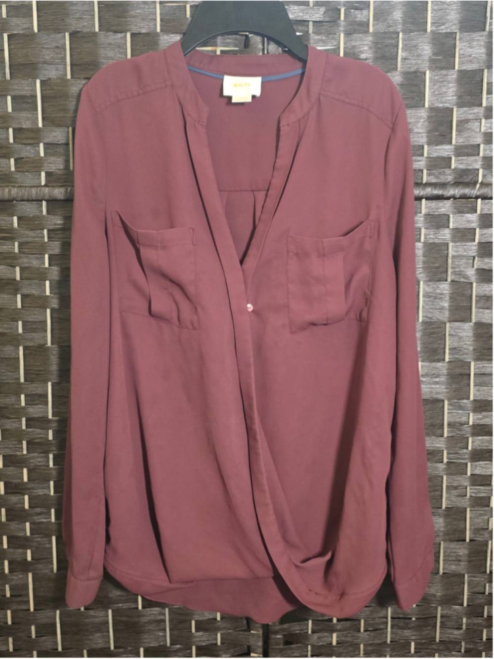Anthropologie Maeve Burgundy Faux Wrap Surplice Sheer Long Sleeve Blouse Size 6